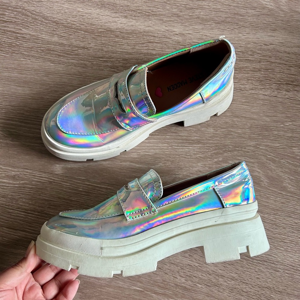 Steve Madden Lawrence Holographic Lug Sole Loafer Girls 3M EUC
